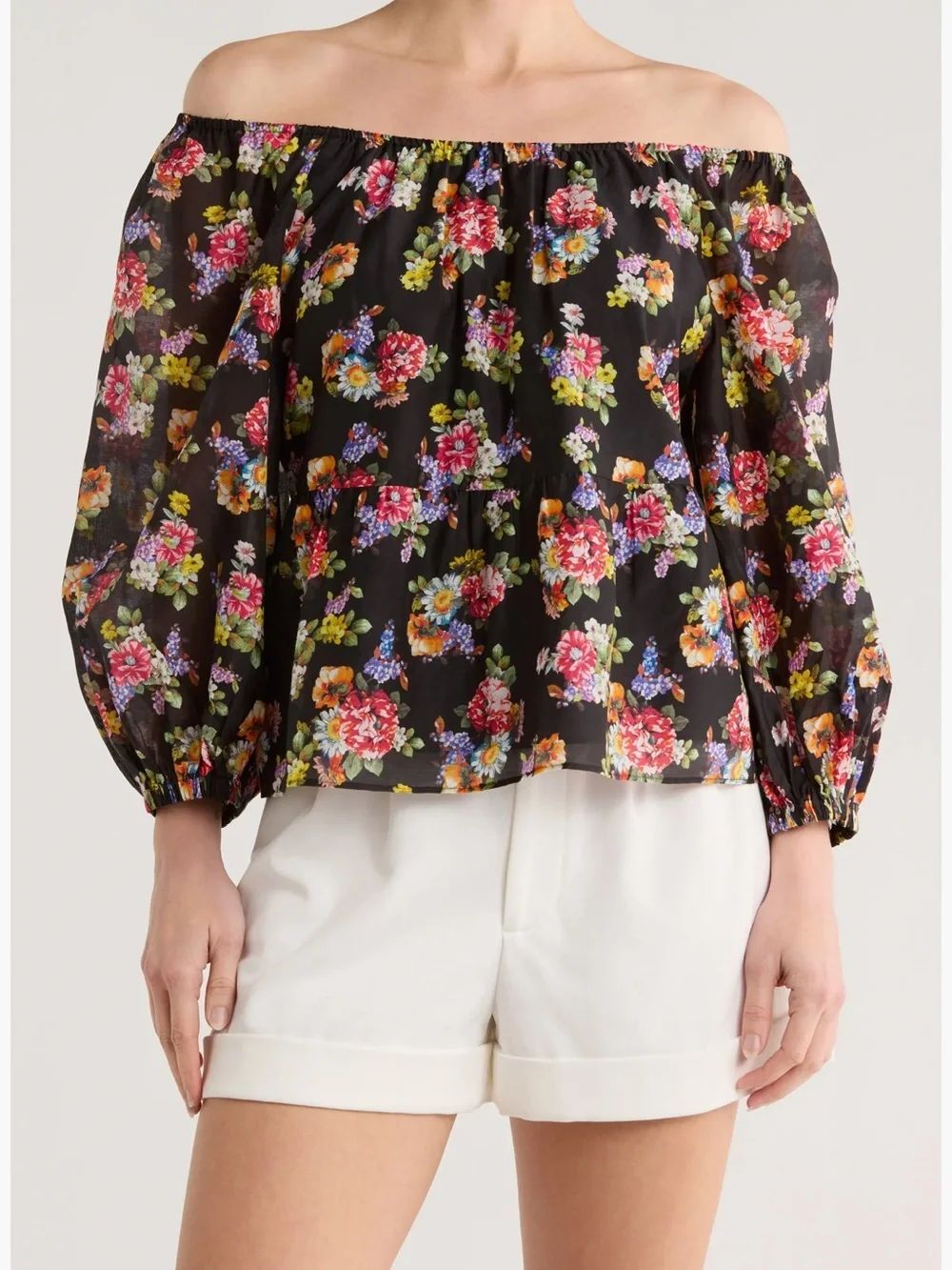 Alice + Olivia Floral Ruffle Peasant Top Cotton Silk Long Sleeve $395